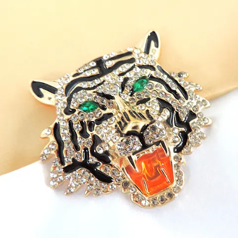 Crystal & Enamel Tigers Head Brooch 5cmx5cm