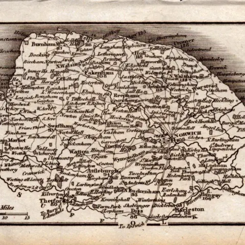 Norfolk Antique Copper Engraved George IV Map by Sidney Hall.