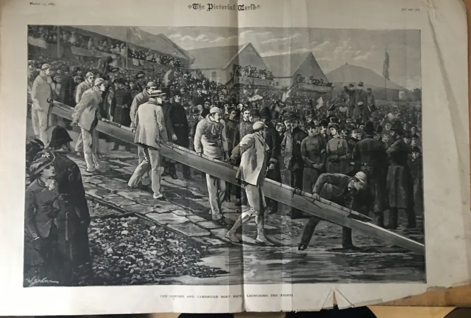 Oxford v Cambridge Boat Race The Launching Rare  Antique 1883 Print.