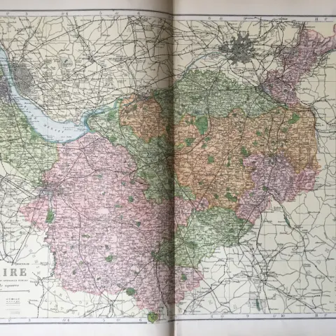 Coloured Antique Large Map Cheshire Liverpool North Wales 1904 Etc.