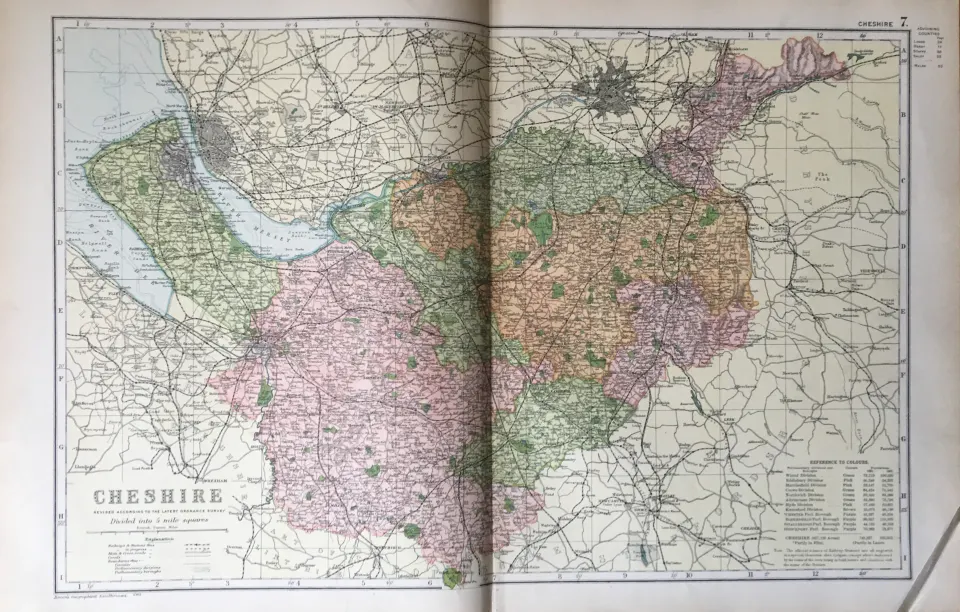 Coloured Antique Large Map Cheshire Liverpool North Wales 1904 Etc.