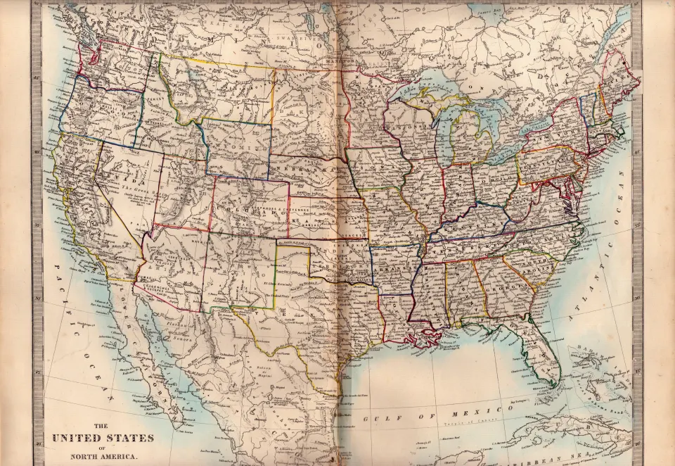 United States Of America Antique Detailed Victorian c1850 Map.