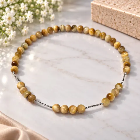 Golden Brown Beaded Necklace with Silver Tone Accents