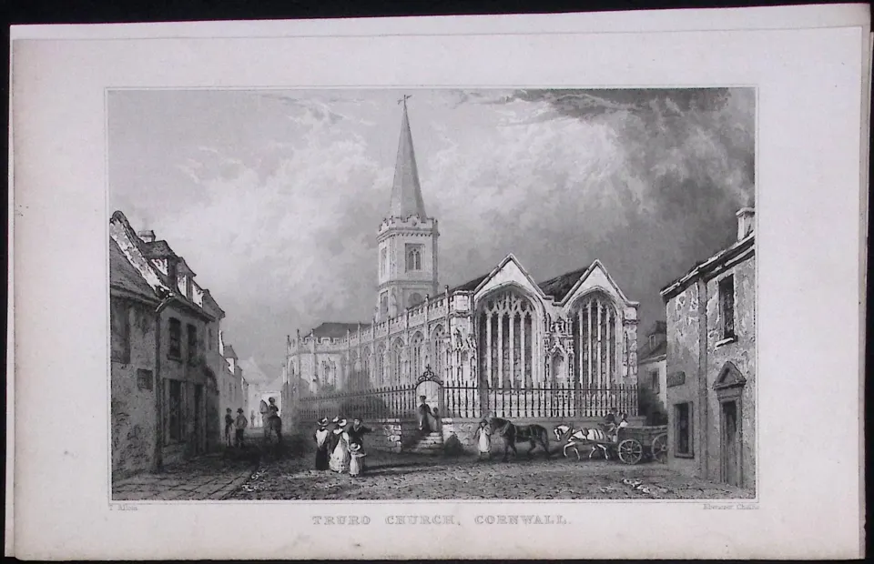 Cornwall Truro Town Church Antique 193 Years-Old Steel-Engraving-39
