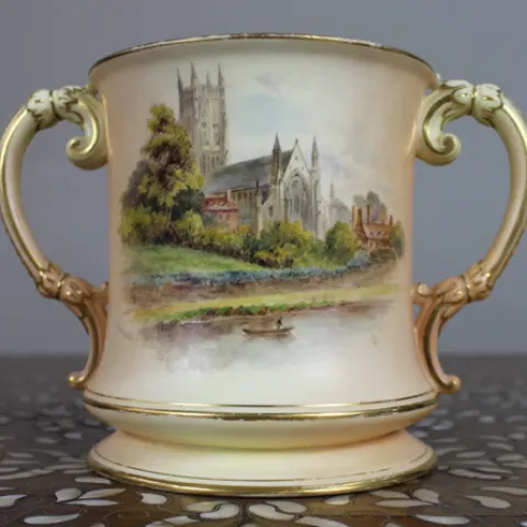 Royal Worcester Loving Cup – Hand-Painted Worcester Cathedral c.1902