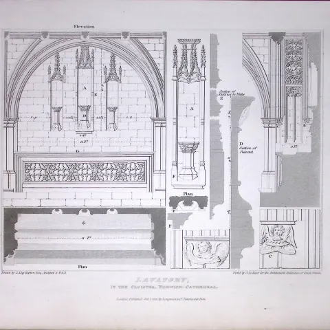 Norwich Cathedral Norfolk 190 Years-Old John Britton Antique Steel Engraving-185