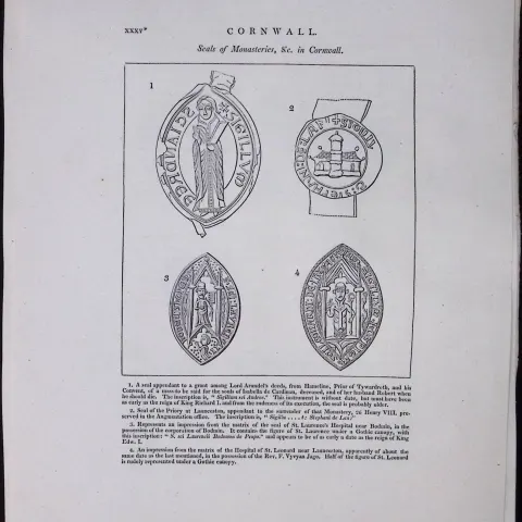Cornwall Ancient Seals Of Monasteries Rare Large Antique Copper Plate Etching