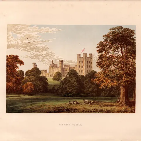 Penrhyn Castle Cornwall Victorian Gilt-Edge Coloured Antique Book Plate.