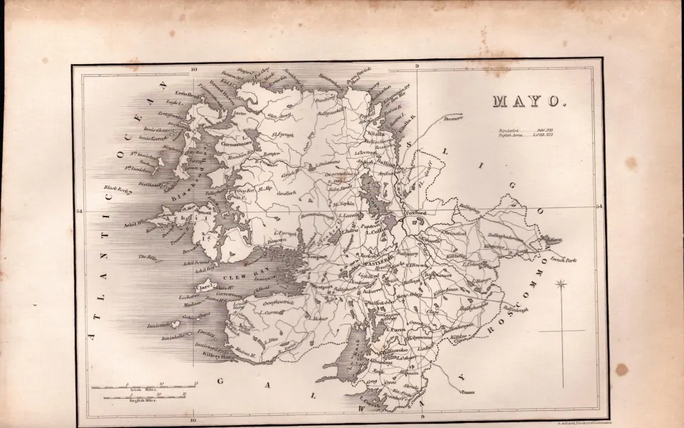 County Mayo B/W 1850’s Antique Map Mrs Hall Tour of Ireland.