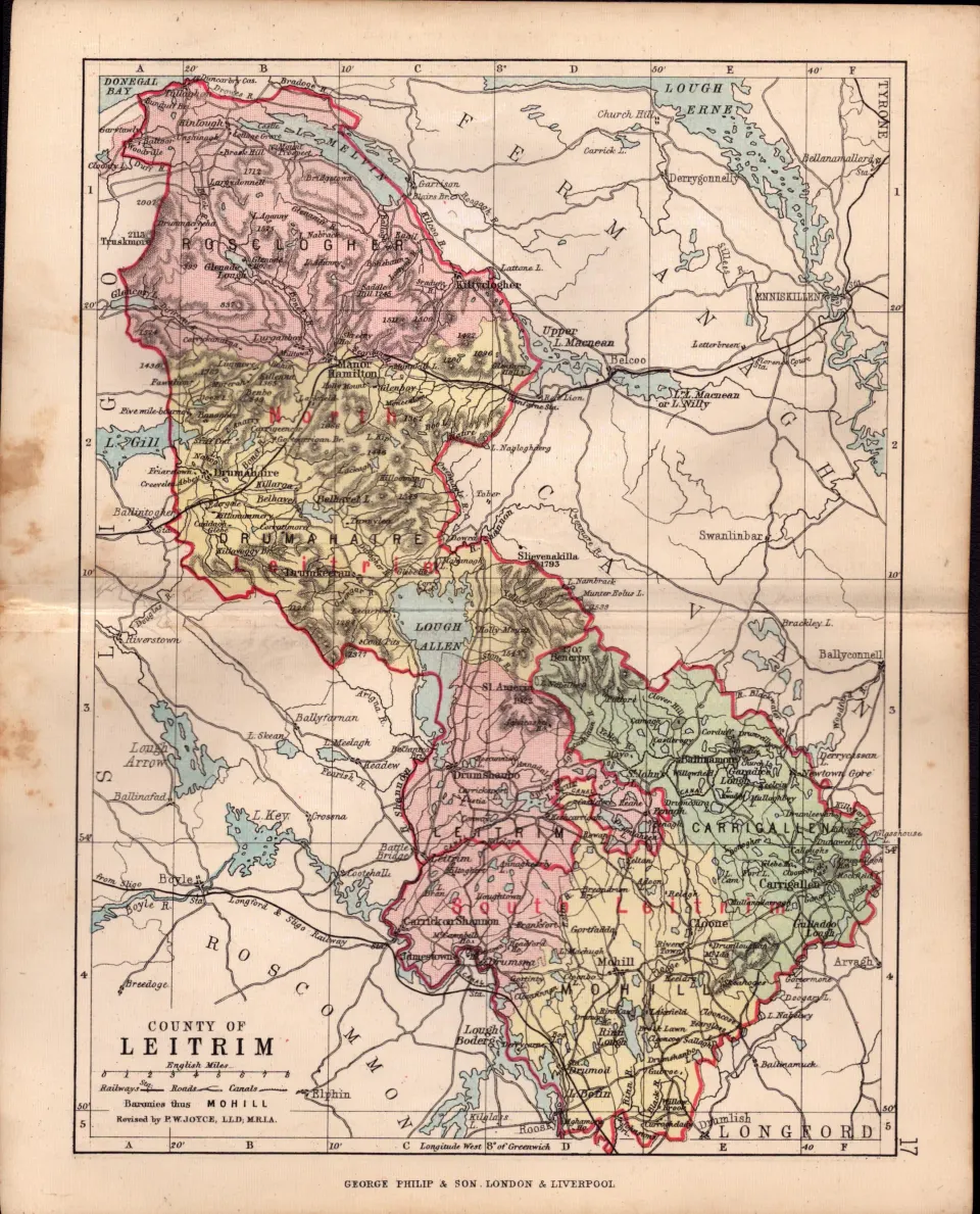 County Of Leitrim Ireland Antique Detailed Coloured Victorian Map.