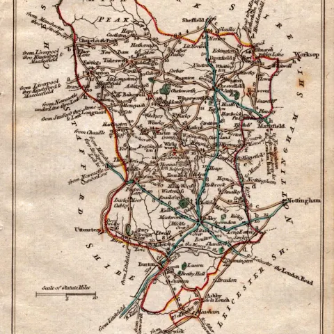 Derbyshire John Cary’s 1792 Antique George III Coloured Engraved Map.