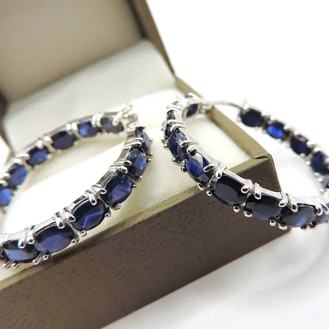 Sapphire Hoop Earrings In Sterling Silver 7.5 Carats New With Gift Box