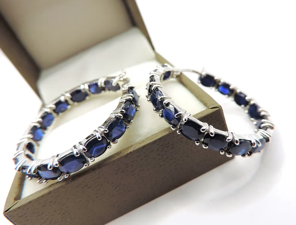 Sapphire Hoop Earrings In Sterling Silver 7.5 Carats New With Gift Box