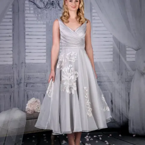 Tea Length Wedding or Special Occasion Dress In Size 18 To 20. Platinum Organza Fabric.  RRP £395