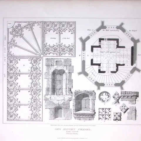 Red Mount Chapel Norfolk 190 Years-Old John Britton Antique Steel Engraving-161