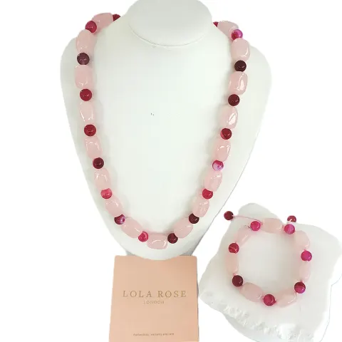 Lola Rose London Rose & Fuchsia Quartz Gemstone Bead Necklace & Bracelet 'New'