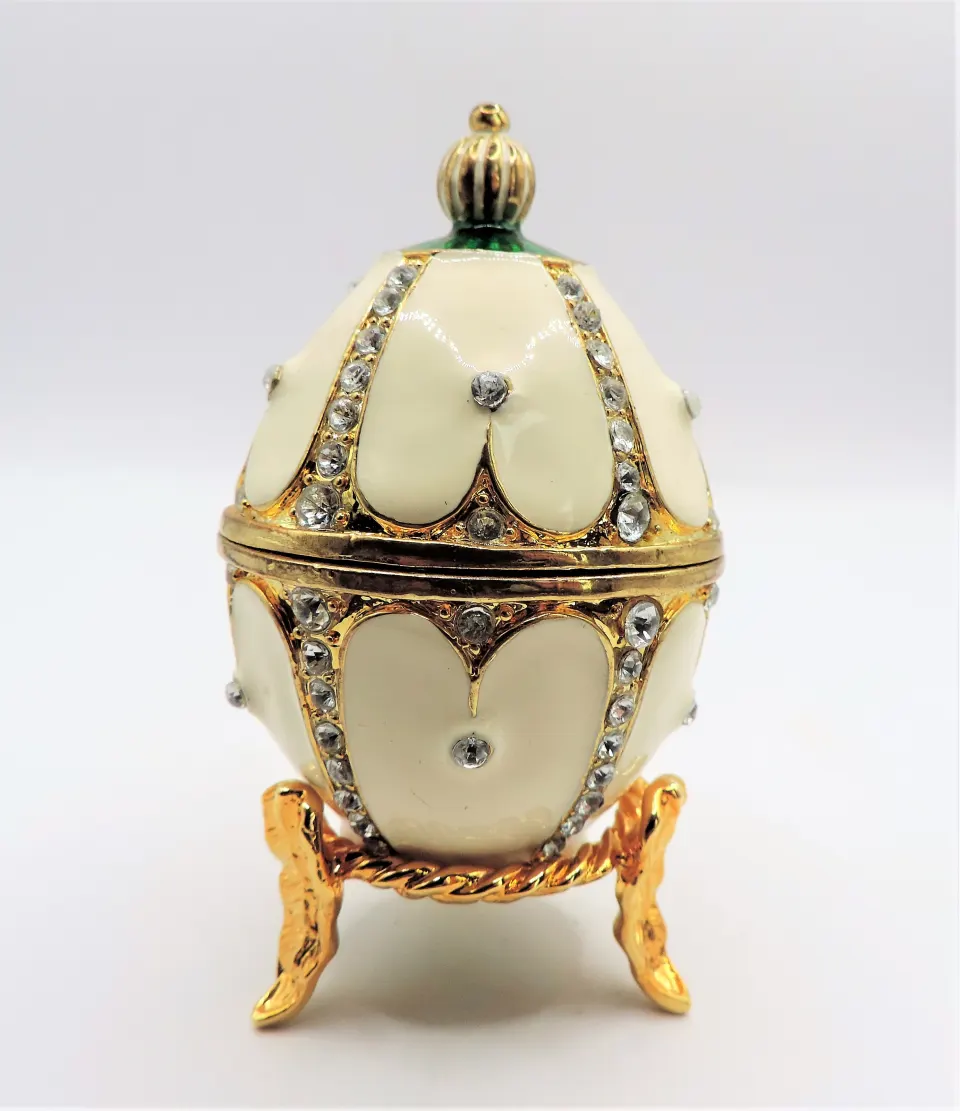 Faberge Style Jewelled Enamel Egg Trinket Box & Stand