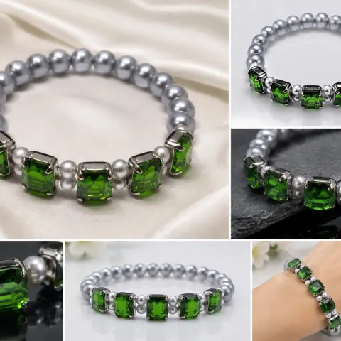 Grey Pearl Bracelet with Green Crystal Stones