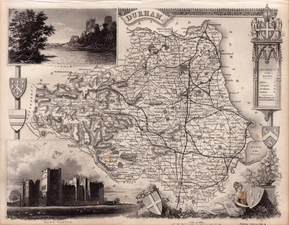 Durham County Steel Engraved Victorian Thomas Moule Antique Map.