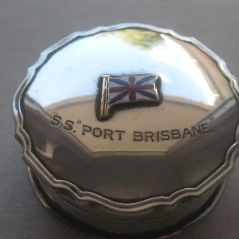 Vintage Silver Plated S.S. Port Brisbane Engraved Souvenir Pill Box