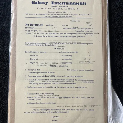 An Entertainment Contract Naming Johnny Kid and The Pirates - Dated 1968