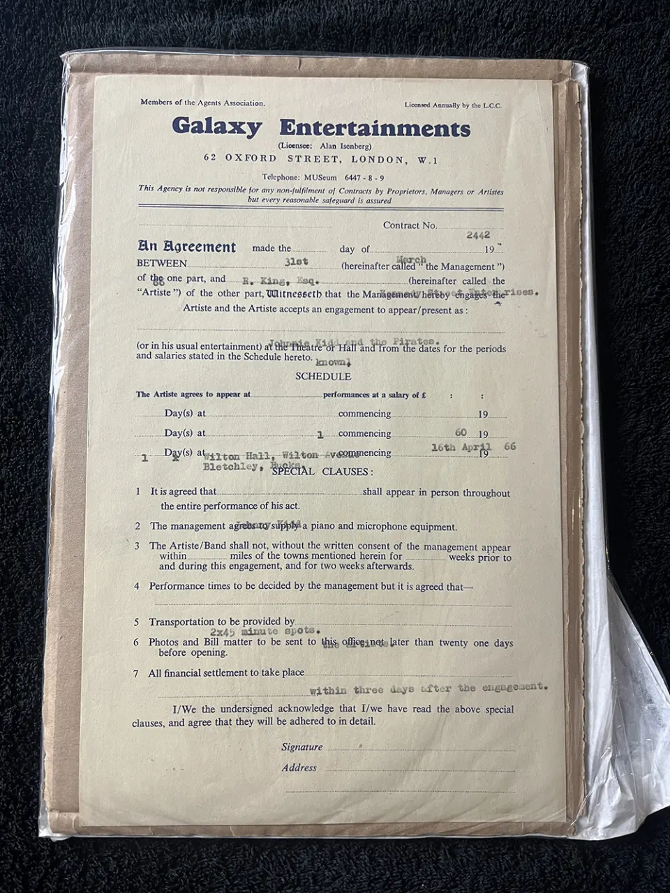 An Entertainment Contract Naming Johnny Kid and The Pirates - Dated 1968