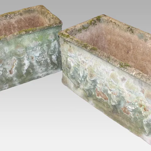 Pair of Old Reconstituted Cherubic Garden Planter Troughs
