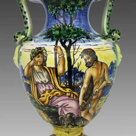 Hand-Painted Italian Majolica Two-Handled Vase with Serpent Handles c.1900