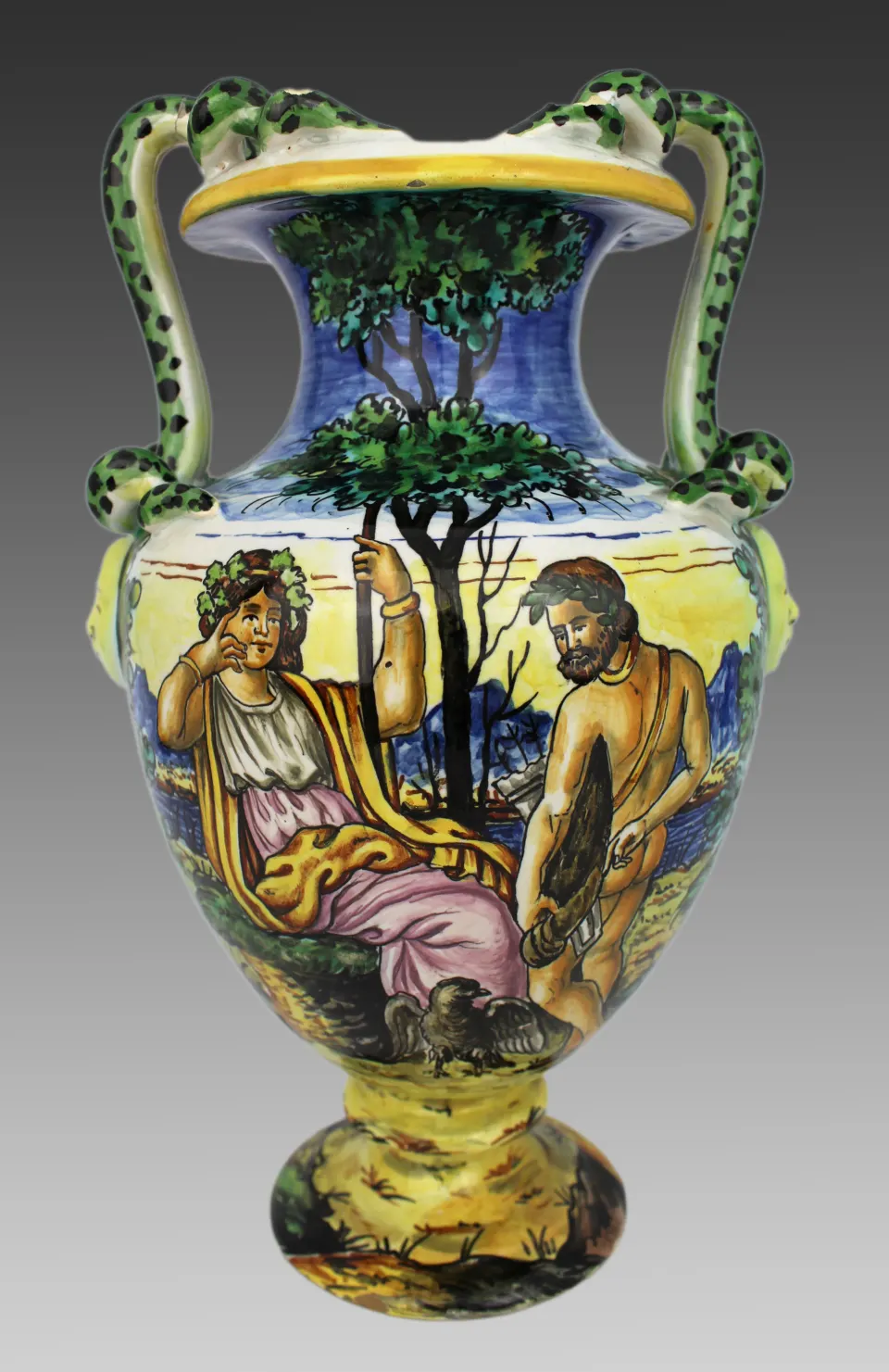 Hand-Painted Italian Majolica Two-Handled Vase with Serpent Handles c.1900
