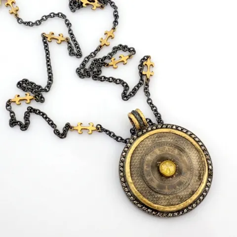 Necklace made of gold and silver with antique watch dial with precious colourful stones and diamonds