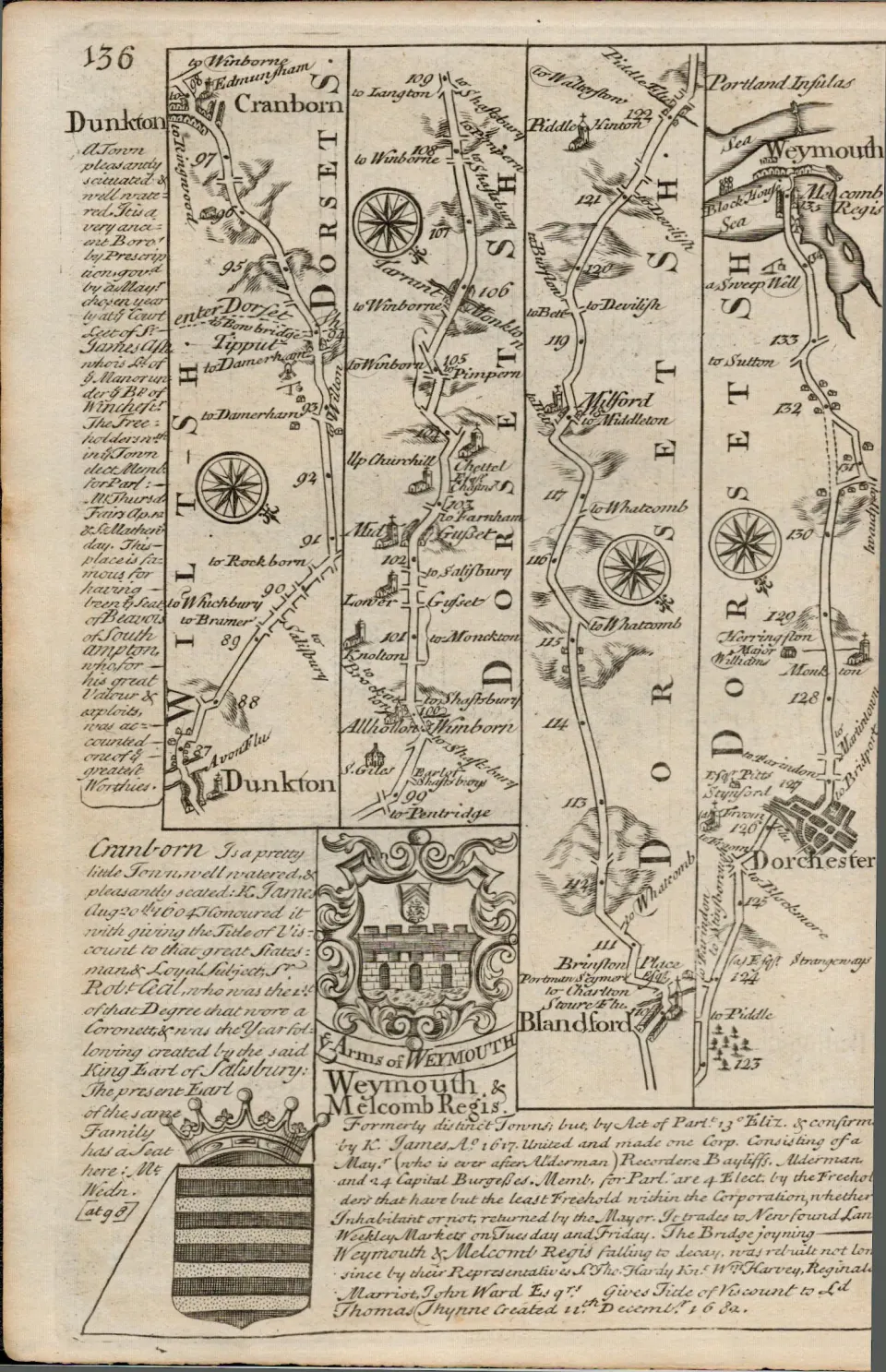 Britannia Depicta E Bowen c1730 Map Cranborn Dunkton Weymouth Dorchester.
