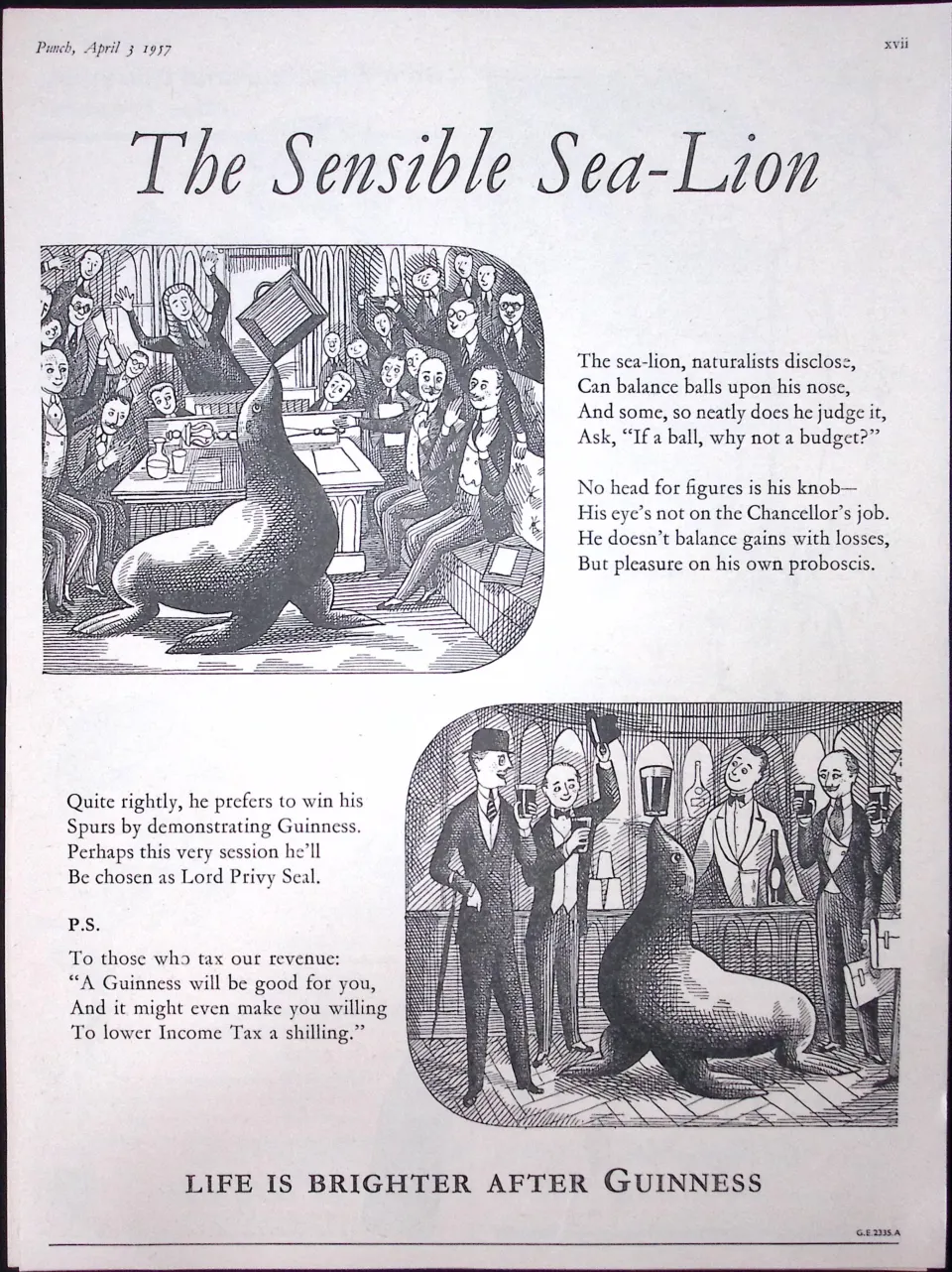 Guinness 68 Years-Old Advert 1957 Sensible Sea-Lion  Print: G.E.2335-A