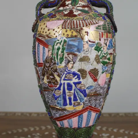 Japanese Moriage Satsuma-Style Vase with Dragon Handles, c.1920