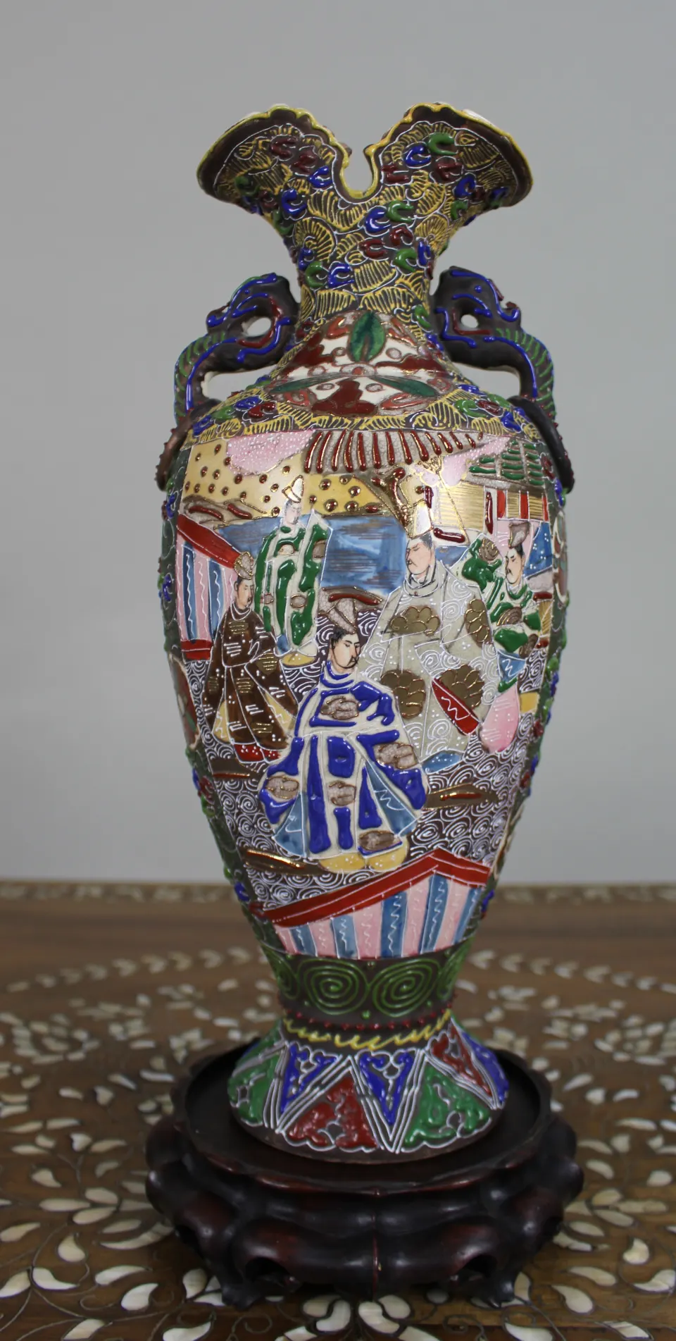 Japanese Moriage Satsuma-Style Vase with Dragon Handles, c.1920