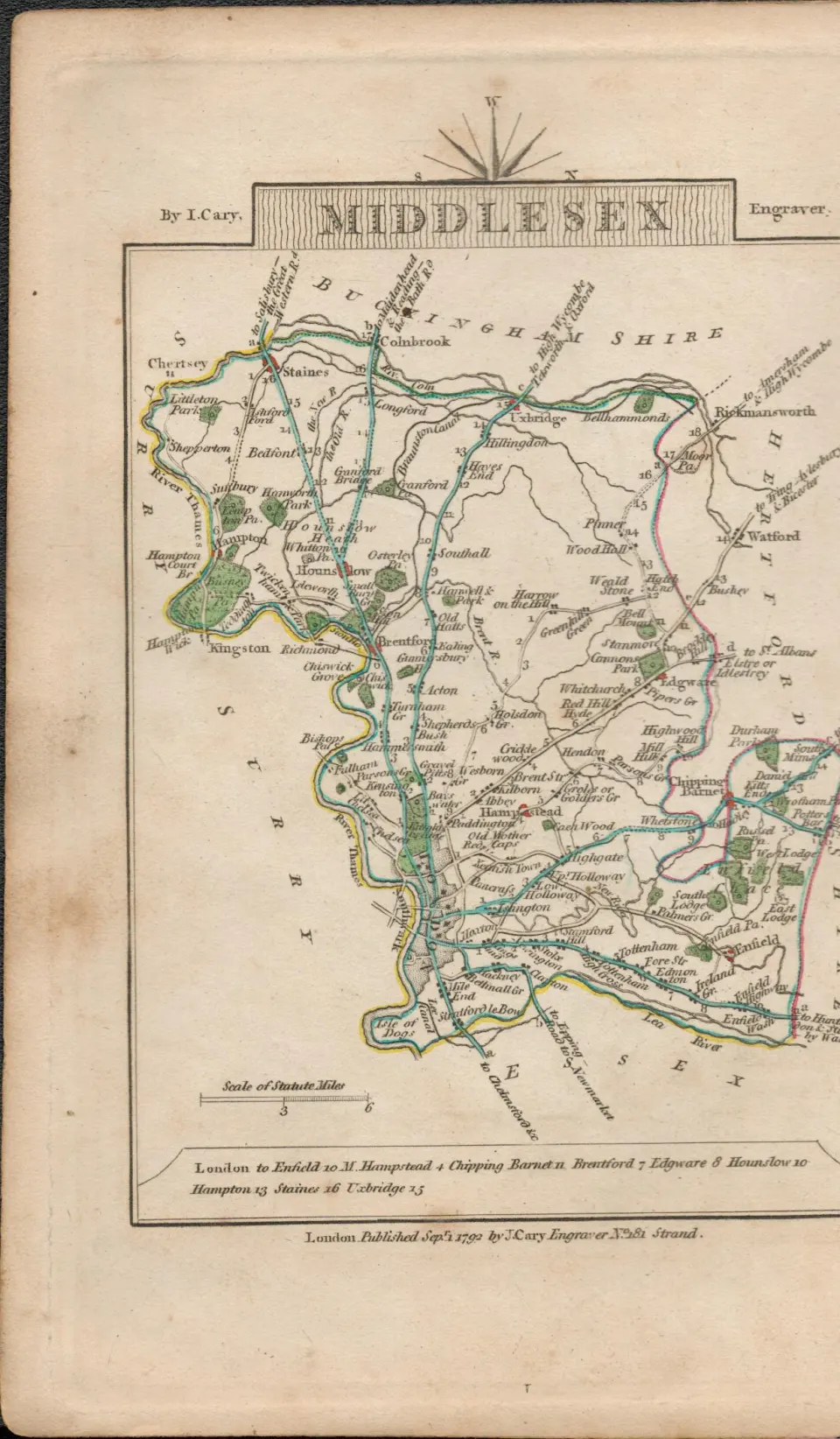 John Cary’s 1791 Antique Copper Engraved Map Middlesex & Lincolnshire.