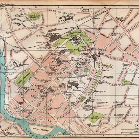 Central Exeter Road & Steet Plan Coloured Vintage 1924 Map.