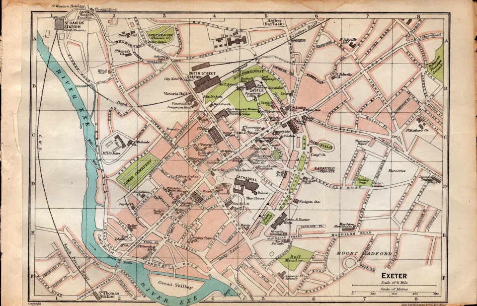 Central Exeter Road & Steet Plan Coloured Vintage 1924 Map.