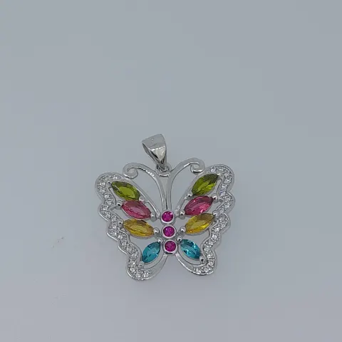 Silver Multi Colour Butterfly Pendant Set With CZ Stones