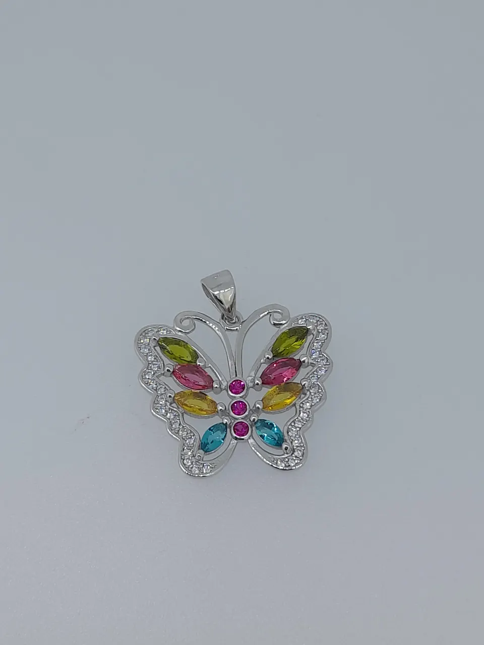 Silver Multi Colour Butterfly Pendant Set With CZ Stones