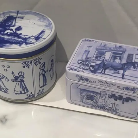 Two Dutch Tins, Folk Art and Utility Scenes, One Circular and One Retangular