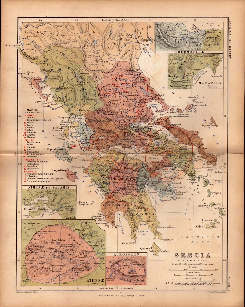 Antique 1867  Map Greece, Acropolis, Athens, Marathon.