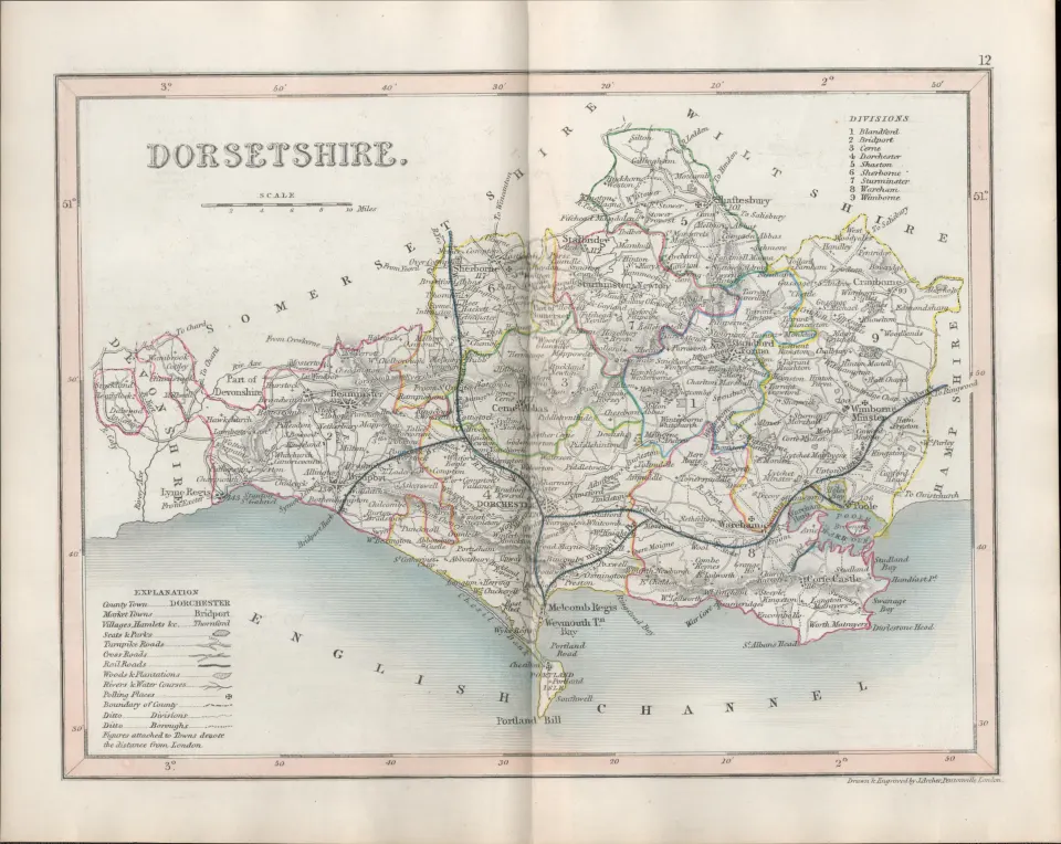Dorsetshire 1850 Antique Steel Engraved Map Thomas Dugdale.