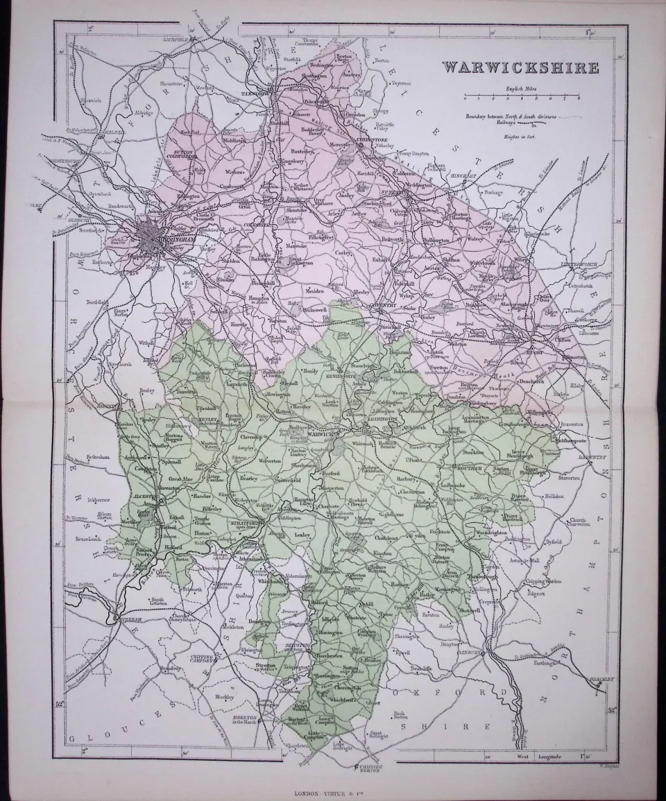 Warwickshire 150 Years-Old 1875 Coloured Detailed Antique 1875 Map-51