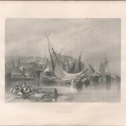 Brixham Harbour & Town  Antique WH Bartlett  1842 Steel Engraving.