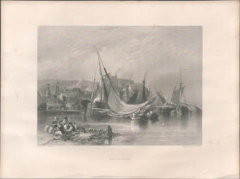 Brixham Harbour & Town  Antique WH Bartlett  1842 Steel Engraving.