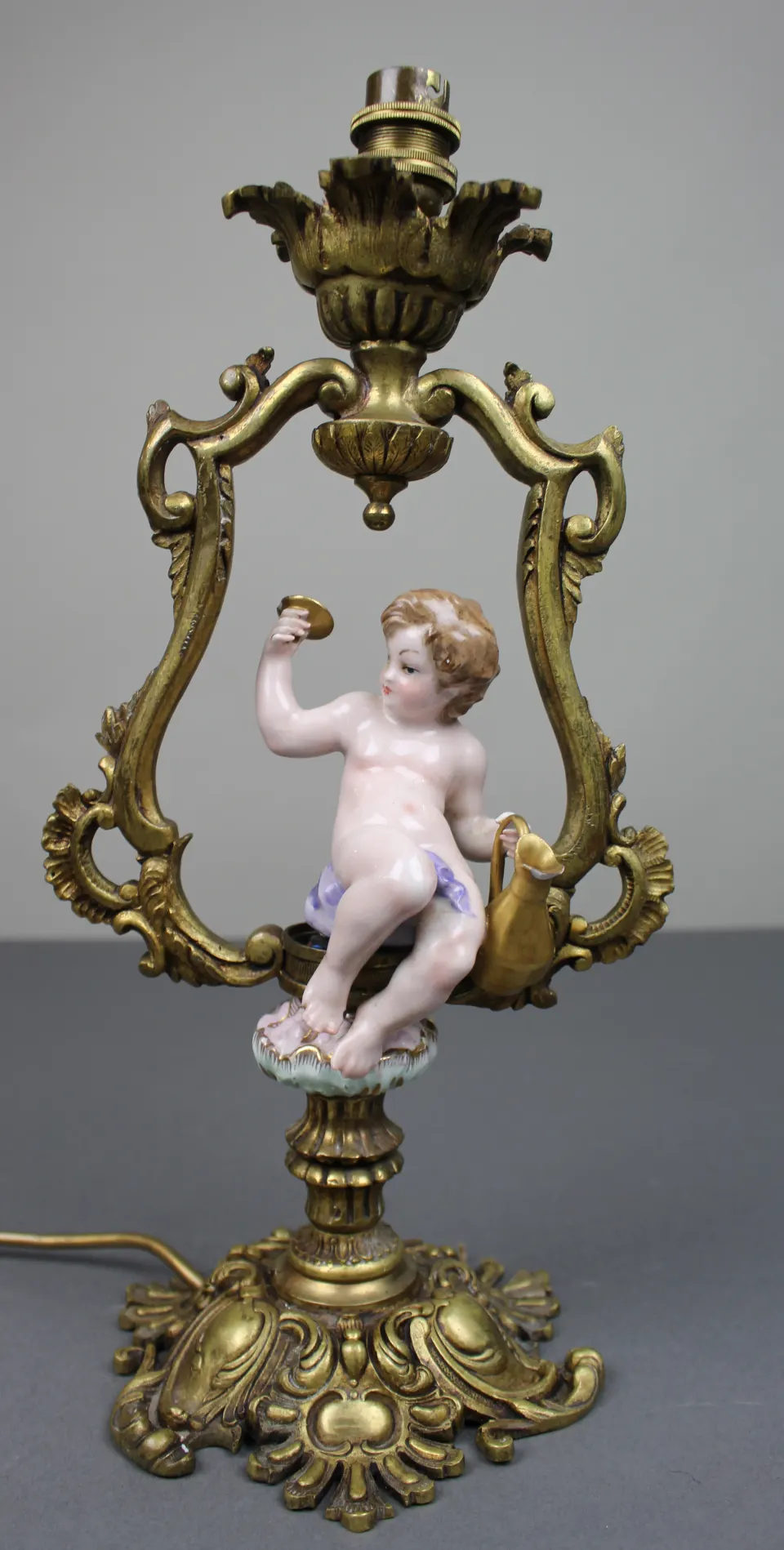 Antique Porcelain & Gilt Metal Cherub Table Lamp