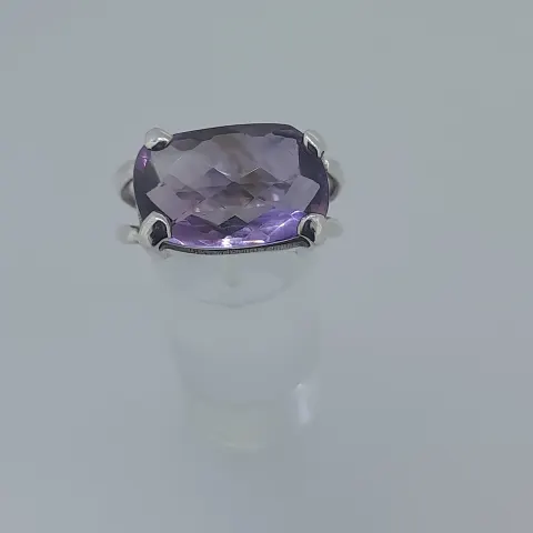 Silver ring set with natural amethyst stone rectangular and faceted