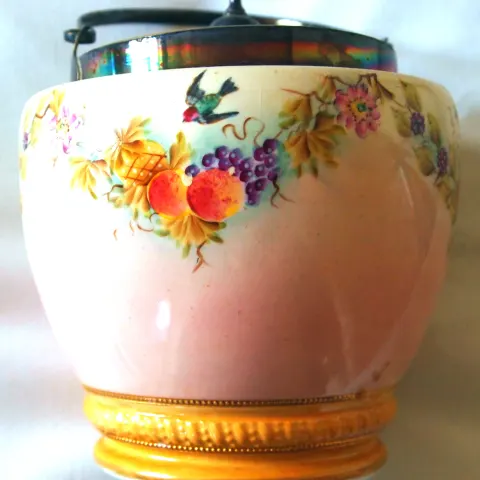 China Biscuit Barrel With Silver Plated Lid Rim & Handle 1895 W Wood & C Rd No 247274