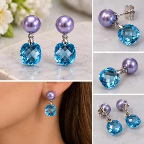 Natural Blue Topaz & Purple Pearl Drop Earrings