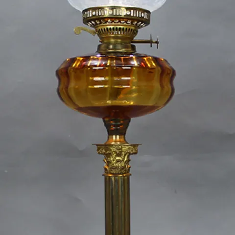 Victorian Brass Oil Lamp with Amber Font & Vaseline Glass Shade